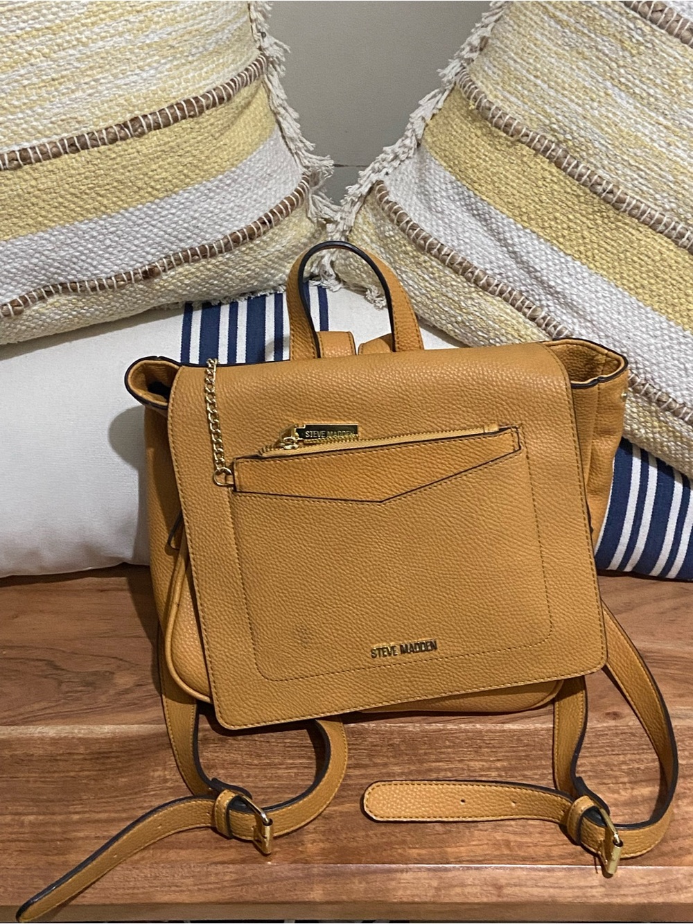 Steve Madden Mustard Leather Mini Backpack with Front Zip Pocket